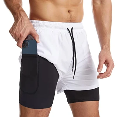 Image of Danfiki Men Running Shorts Men&#039;s Workout with Phone Pocket 2 in 1 Gym Training Lightweight Quick Drying White