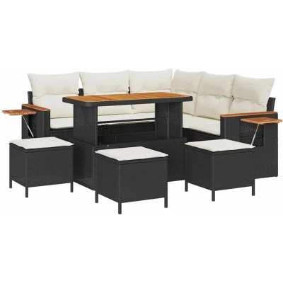 Image of vidaXL 9 Piece Garden Sofa Set with Cushions Black Poly Rattan Acacia