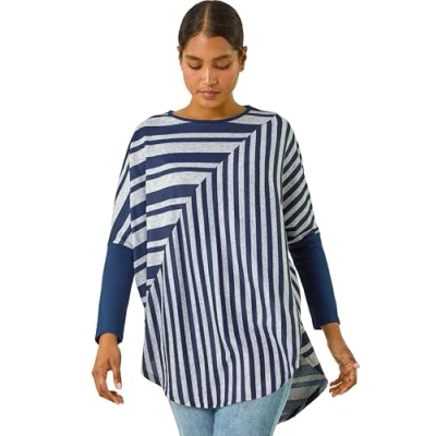 Image of Roman Originals Contrast Stripe Stretch Jersey Top for Women UK Ladies Everyday Autumn Winter Round Neckline Comfy Soft Evening Vacation Work Party Night Out Navy Size 18