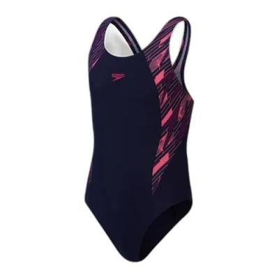 Image of Speedo Girls Hyperboom Splice Muscleback Swimsuit for kids, Size: 5 6y, True navy/electric pink/fandango pink