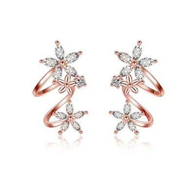 Image of Flower Fairy Rose Gold Plated CZ Ear Cuff Wrap Stud Earrings for Women Girls Cartilage Fashion Crawler Climber Cubic Zirconia Clip Hypoallergenic