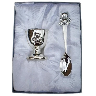 Image of Cigala Art Uk New Silver Plated Teddy Spoon And Egg Cup Baby, Christening Gift For Bo