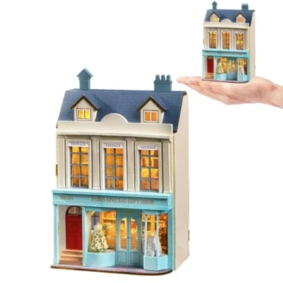 Image of Dollhouse DIY Miniature Wooden Furniture Kit,Mini Handmade Doll House with LED,1:24 Scale Creative Woodcrafts Toys for Adult Friend Lover Birthday Gift (Gift Shop)