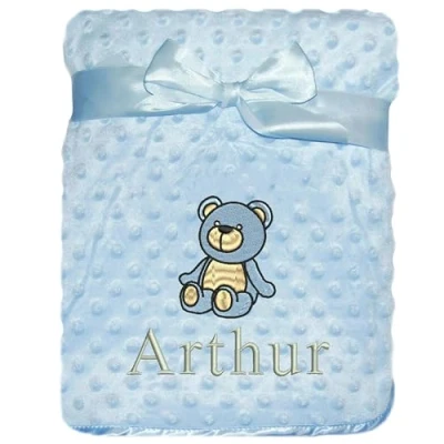 Image of JJLC Personalised Baby Bobble Blanket Embroidered Bear &amp; Name Soft Fleece Wrap (Blue Bobble)