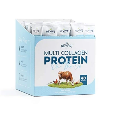 Image of Multi Collagen Protein Powder Packets Types I, II, III, V &amp; X Hydrolyzed Grass Fed Bovine, Wild Caught Fish, Free Range Chicken Eggshell Collagen. Non GMO, Halal, (10g Each, 40 Packets)