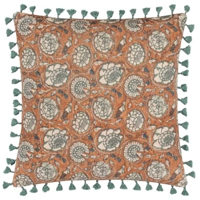 Image of Paoletti Salisa Floral Cotton Velvet Feather Filled Cushion Rust Size 50 cm x