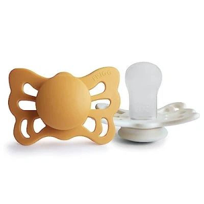 Image of FRIGG Butterfly Anatomical Pacifier Pack of 2 Silicone Soother Dummy BPA Free Made in Denmark SilkySoft Nipple (Honey Gold/Cream (0 6 Months))