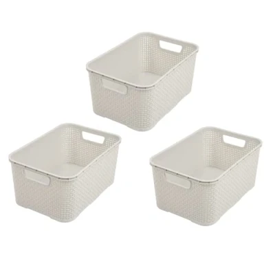 Image of BranQ Home Essential Plastic Baskets in Rattan Design Set of 3 Size M 10 L Polypropylene Cream