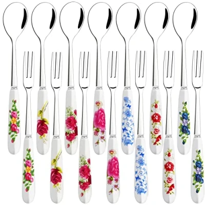 Image of 14 Pcs Dessert Forks and Spoons Silverware Set,Stainless Steel Small Appetizer Forks,Mini Coffee Salad Fork with Ceramics Handle,Cake Tea for Dessert,Salad,Appetizer,Cocktail,Fruit