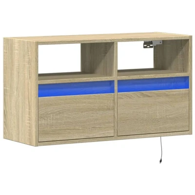 Image of vidaXL TV Wall Cabinet with LED Lights Floating Unit Sonoma Oak, 80x31x45 cm, Engineered Wood, 2 Drawers, Compartments, Modern Design, Living Room Storage Solution