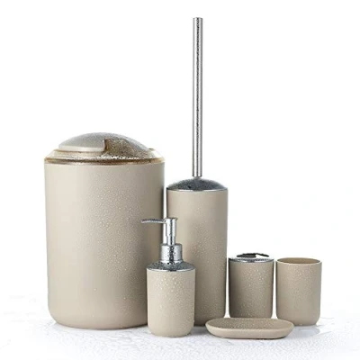 Image of JOTOM 6 Piece Plastic Bathroom Accessory Set Modern Design Bath Accessories Lotion Bottles,Toothbrush Holder,Tooth Mug,Soap Dish,Toilet Brush,Rubbish (Beige)