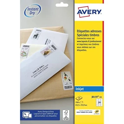 Image of Avery J8159 Self Adhesive Labels (24 Per Sheet), 63.5 x 33.9 mm, Inkjet Print, White Packaging: 10 Sheets