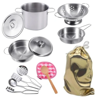 Image of Stainless Steel Pretend Cooking Utensils Cookware Set,Mini Play Kitchen Accessories,Play Pots and Pans Toys Packed in a golden cloth bag for Kids Toddlers