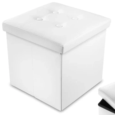 Image of Nyxi Faux 38 * 38cm Leather White Ottoman Foldable Storage Boxes Seat Foot Stool Box with Lids for Kids Toys, Bedroom, Hallway, Living Room