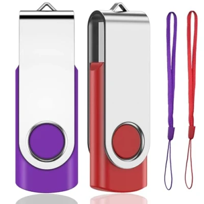Image of USB Memory Stick 32GB 2Pack, EASTBULL 2.0 Flash Drive Pen Swivel Design Fold Data Storage for Business,School,Homework (Red/Purple With Lanyard)