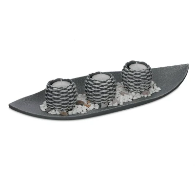 Image of Relaxdays Tray, Candle Set with 3 Tea Light Holders &amp; Stones, for Living Dining Room, Candleholder, Grey/White, Fibreboard, 6 x 39 16 cm