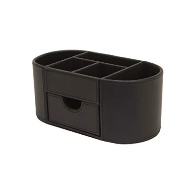 Image of OSCO Black Faux Leather Desk Organiser with Drawer Tidy Pen Holder Makeup Container Pencil Storage 6 Compartments Stationery Caddy H10 x W23 D12 cm