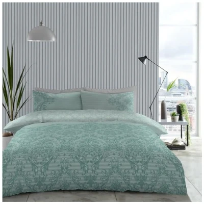 Image of GC GAVENO CAVAILIA Damask Floral Super King Size Duvet Cover Sets With Matching Pillowcases, Botanical Duck Egg Bedding Sets, Reversible Striped Quilt