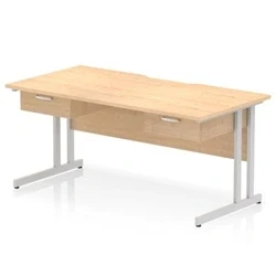 Image of Impulse 1600 x 800mm Scalloped Edge Straight Office Desk Maple Top Silver Cantilever Leg Workstation 2 1 Drawer Fixed Pedestal
