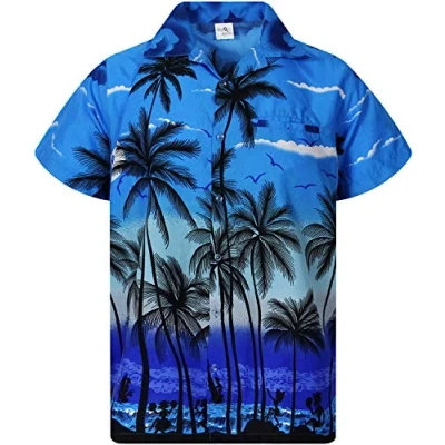 Image of V.H.O. Funky Hawaiian Shirt, Shortsleeve, Beach, Mono Blue, XXL
