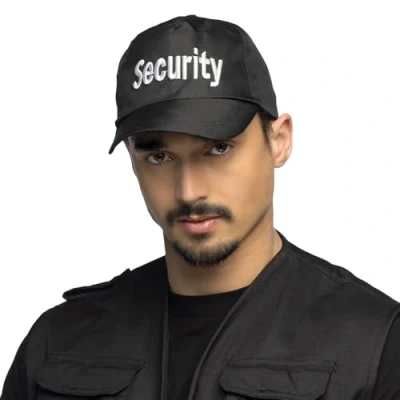 Image of Boland 97058 Security Cap Adjustable Black Baseball Hat with &quot;Security&quot; Print, Unisex Design for Adults, Perfect Fancy Dress Costume, Polyester