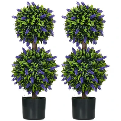 Image of HOMCOM Set of 2 Decorative Artificial Plants Ball Trees with Lavender Flowers in Pot Fake for Home Indoor Outdoor Decor, 70cm