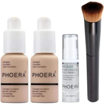 Image of Phoera Foundation Full Coverage Makeup Set Includes x2 Nude 30ml Matte Foundation, 6ml Face Primer &amp; Liquid Brush for Easy Application