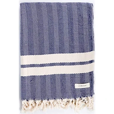 Image of Bersuse 100% Cotton Herringbone XXL Throw Blanket Turkish Towel Dark Blue