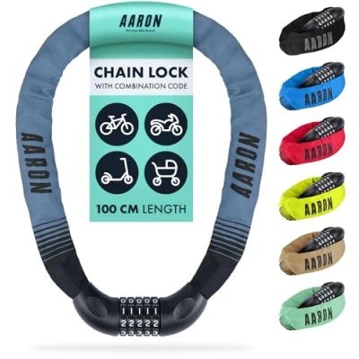 Image of AARON Lock One Bicycle 5 Digit Numerical Code Steel Chain for Higher Security E Bikes, Mountain Trekking Touring Racing Bikes and Electric Vehicles Grey/Blue