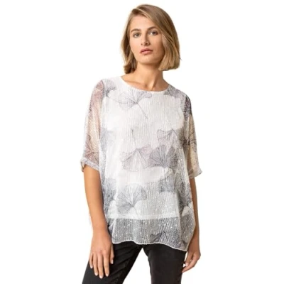 Image of Roman Originals Mesh Overlay Floral Print Blouse for Women UK Ladies Smart Top Casual T Shirt Summer Spring Flower Printed Layer Stretch Jersey Comfy Tee Grey White Size 20