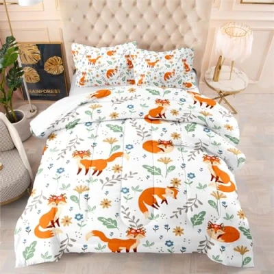 Image of Coverless Duvet Fox Green Leaves Double Microfiber Quilted Bedspreads Lightweight Size Comforter All Seasons Throw+2 Pillowcases(50x75cm) 200x200cm