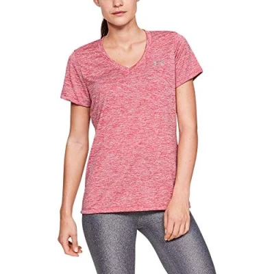 Image of Under Armour Tech Short Sleeve V Twist, Ladies T Shirt Made of 4 Way Stretch Fabric, Ultra light &amp; Breathable Running Apparel Women, Pink (671), XL