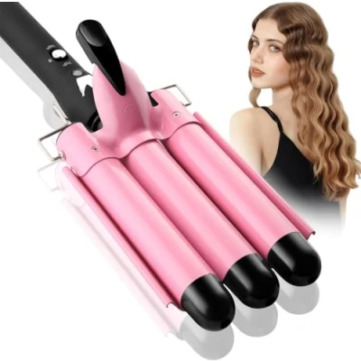 Image of 3 Barrel Hair Curler, Pink Waver Curling Iron, Big Wave Crimper Wand with Two Speed Temperature Control, Electric Crimpers Tongs 25MM