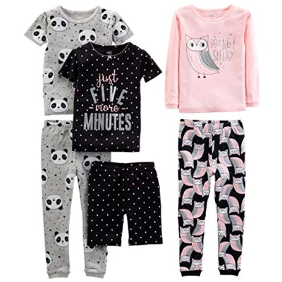 Image of Simple Joys by Carter&#039;s Baby Girl&#039;s 6 Piece Snug Fit Cotton Pajama Set, Black Dots/Grey Panda/Pink Owl, 9 Months (Pack of 3)