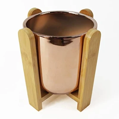 Image of Leaf Ceramic Planters, Gold Wooden Stand, 15cm