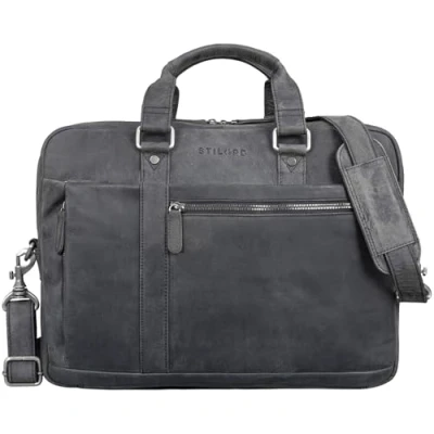 Image of STILORD &#039;Nico&#039; Large Shoulder Bag Leather Men Women XL Laptop 15.6 inches/College Bag/Portfolio/Shoulder Bag/Satchel/Business Genuine Leather, Colour:Carbon Grey