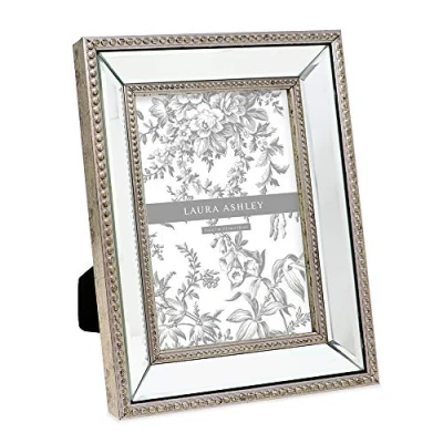 Image of Laura Ashley 5x7 Champagne Mirror Bead Picture Frame, Classic Mirrored Frame with Beaded Border, Wall Mountable, Made for Tabletop Display, Photo Gallery and Art, (5x7, Champagne)
