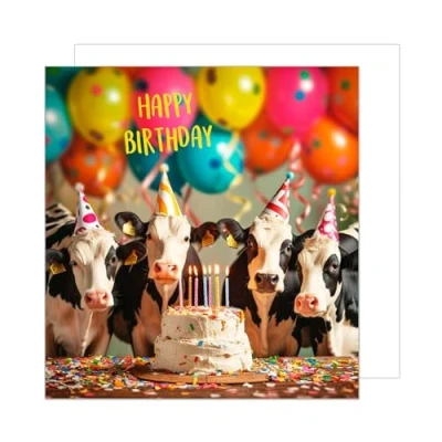 Image of Edition Seidel Premium Square Birthday Card with Envelope Greeting Happy For Him or Her Male Female Mum Dad Daughter Son Kids Teens Friend Cows (GQ168 SW024)
