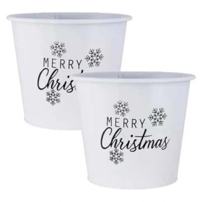 Image of Fyne Finds Metal Merry Christmas White Plant Pot Pail 20cm, 8inch Planter Xmas Decor SnowFlakes Themed Pots (2)