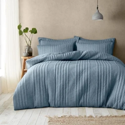Image of Pineapple Elephant Tamba Jersey Stripe Quilted Double Duvet Cover Set with Pillowcases Chambray Blue