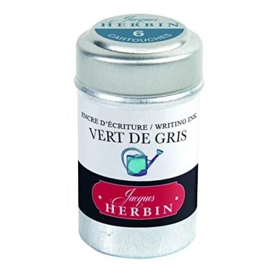 Image of Jacques Herbin Ref 20107T Universal Writing Snap In Ink Cartridges Vert de Gris / Green Grey Cylindrical Metal Pot of 6 Coloured