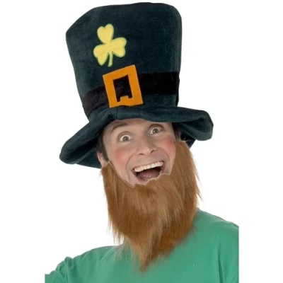 Image of Smiffys Leprechaun Hat, Green with Shamrocks, Buckle and Attached Ginger Beard, St Patricks&#039; Day Fancy Dress, Around The World Dress Up Hats