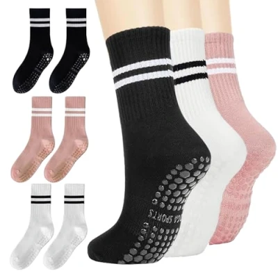 Image of Devenirriche Yoga Grip Socks, 3 Pairs Cotton Non Slip Socks Women Grippy Breathable Grips for Home Workout Gym Pilates Barre (3 Colors)