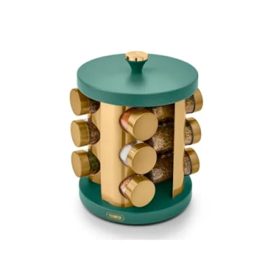Image of Tower T826022JDE Cavaletto 12 Jar Rotating Spice Rack with Pre Filled Spices, Jade and Rose Gold
