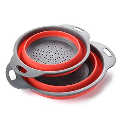 Image of Colander Set, Kitchen Foldable Silicone Filter, Environmentally Friendly Non Toxic Easy to Clean, 2 Sizes Including 8 inch and 9.5 (Red)