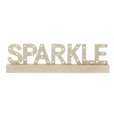 Image of Mr Crimbo Champagne Coloured Glitter Sparkle Word Light Up Wooden Sign With Warm White LEDs 40cm