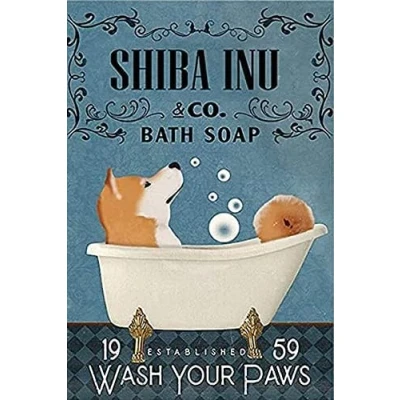 Image of Metal Tin Signs Shiba inu co bath soap wash your paws Funny Sign Retro Vintage for Home Kitchen Coffee Farm Wall Art Decor 8X12 Inch