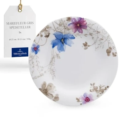 Image of Villeroy &amp; Boch Mariefleur Gris Basic Dinner Plate, 27 cm, Premium Porcelain, White/Multicoloured