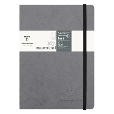 Image of Clairefontaine Ref 793435C Age Bag Thread Bound Notebook (192 Pages) A5 Size, Dot Rulings, 90gsm Brushed Vellum Paper, Elastic Closure Grey Cover