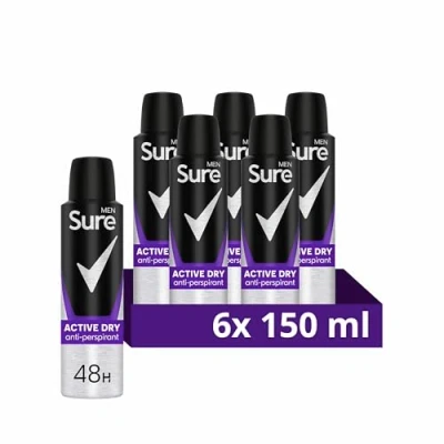 Image of Sure Men Active Dry anti perspirant deodorant Aerosol 48h protection spray for effective sweat and odour 6x 150 ml